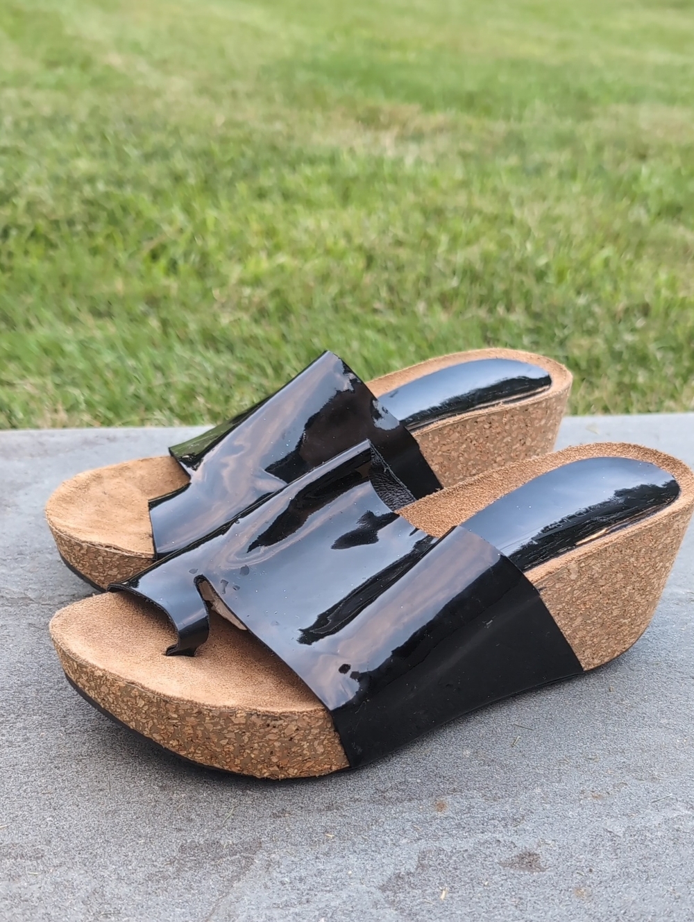 Donald Pliner Black Patent Slide Wedge Sandals with Cork Sole 6 1/2  6.5 Ginie
